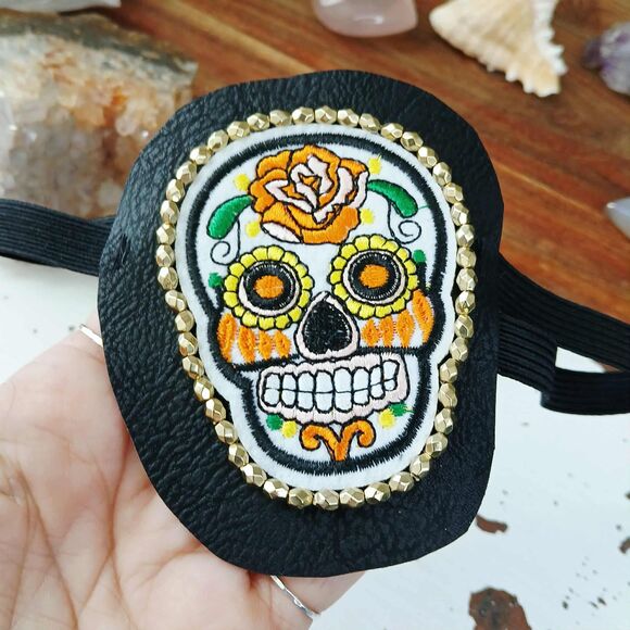 Sugar Skull Embroidered Beaded Eye Patch, Adjustable Vision Accessory Ocular Aid - Picture 4 of 6